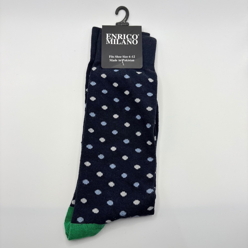 Enrico Milano Polka Dot Dress‎ Socks Mens 10-13 Navy Blue Green Toe Crew New